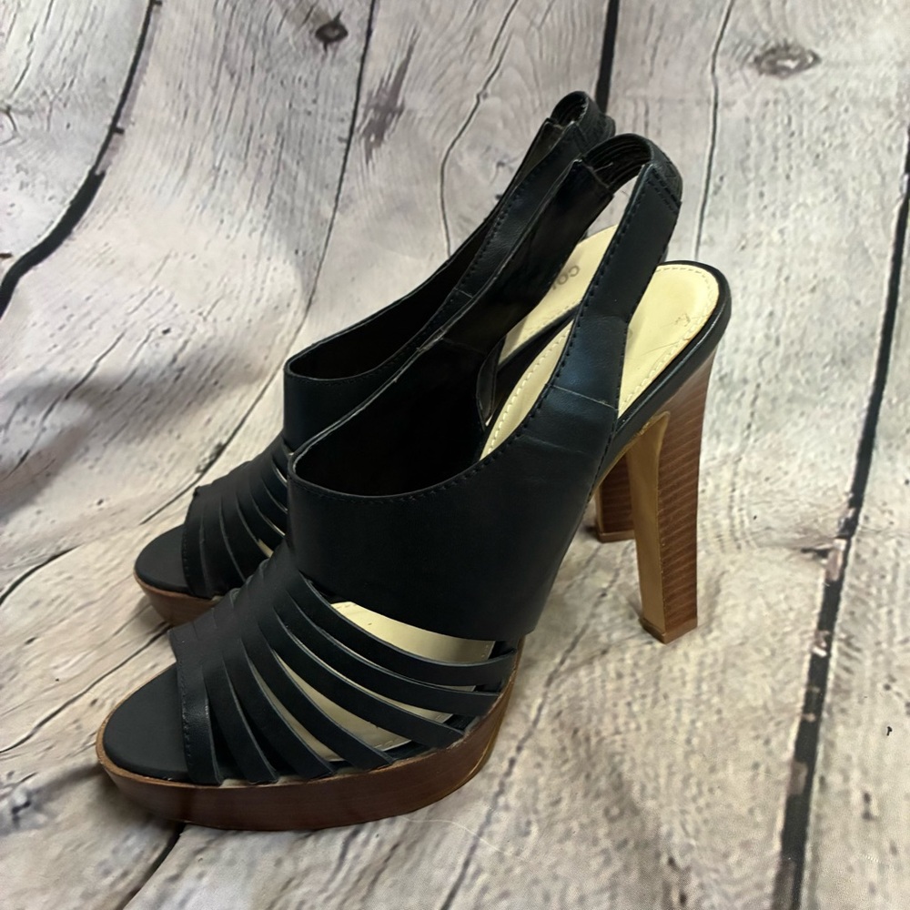 Black Caged Boho Chic Strappy Platform Slingback Faux Wood Block Heel Sandals 9